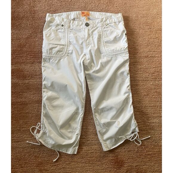 Twill Twenty Two White Cropped Pants Size 28 Drawstring Hem Ruched Cotton - Picture 1 of 7